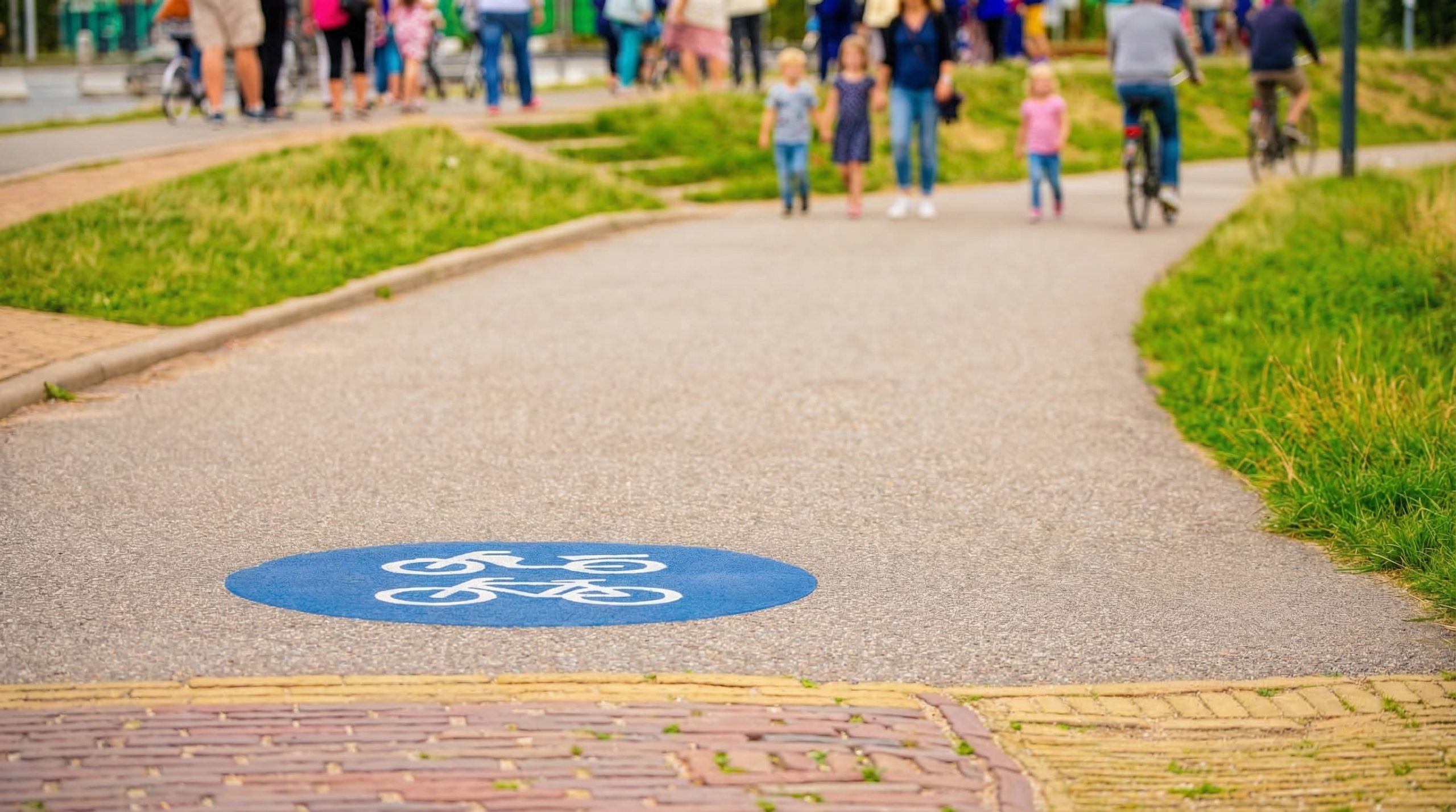 Fiets- en voetpad met blauwe fietsmarkering, wandelaars en fietsers op de achtergrond